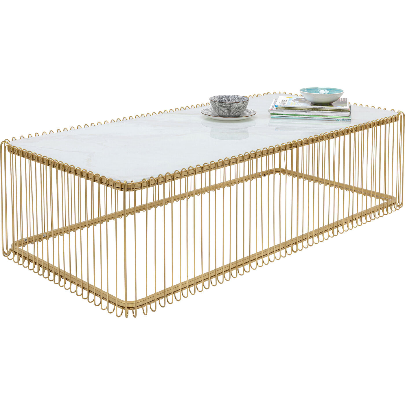 Coffee Table Wire Glass Marble White 145x70cm